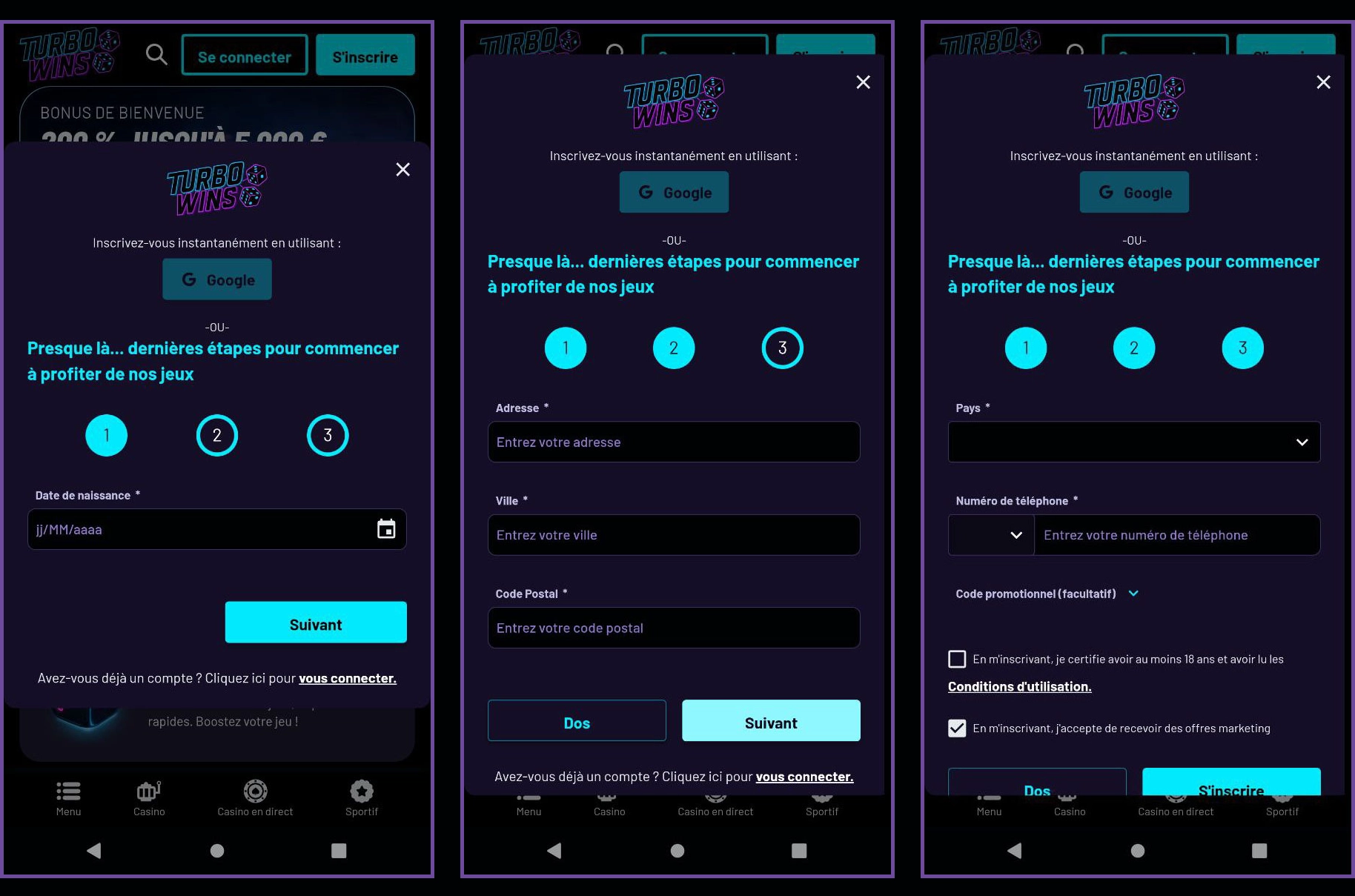 Inscription rapide pour les nouveaux joueurs chez TurboWins