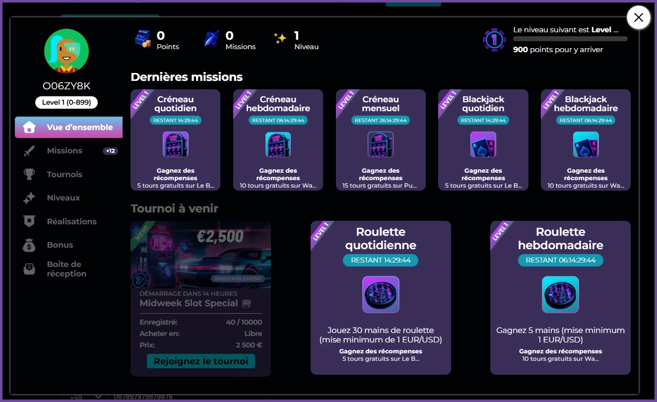 Interface du profil joueur TurboWins Casino